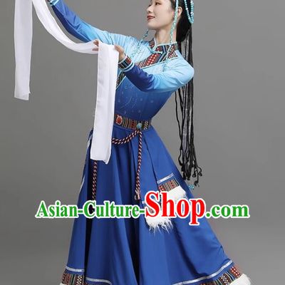 Dark Blue Tibetan Dance Women Big Swing Skirt Tibetan Clothing Ethnic Minority Practice Clothing Art Test Practice Performance Clothing