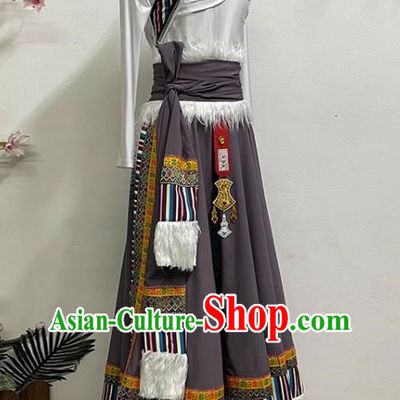 White Brown Tibetan Dance Women Large Swing Skirt Tibetan Clothing Minority Practice Clothing Art Test Practice Performance Clothing