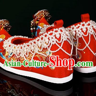 Xiuhe Wedding Shoes Zhenghong Phoenix Beaded Chinese Style Bridal Embroidered Shoes Ming Dynasty Hanfu