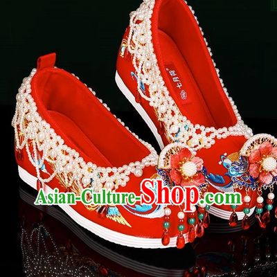 Xiuhe Wedding Shoes Zhenghong Phoenix Beaded Chinese Style Bridal Embroidered Shoes Ming Dynasty Hanfu