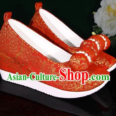 Red Hanfu Shoes Women Original Ancient Style Inner Heightening Round Toe Soft Soled Shoes Ming System Horse Face Climbing Cloud Shoes
