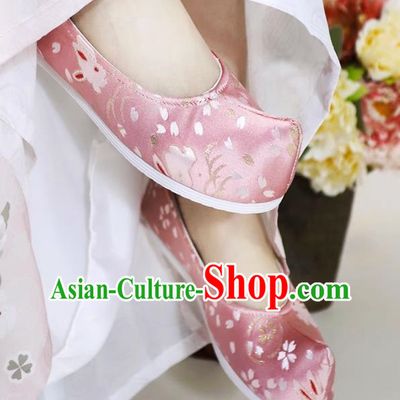 Hanfu Shoes Ancient Style Flat Heel Round Toe Soft Sole Shoes Ming Dynasty Horse Face Ancient Costume Women Cloth Shoes Pink