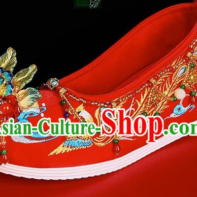 Handmade Xiuhe Clothing Wedding Shoes 6cm Bride Red Hanfu Shoes Female Embroidery