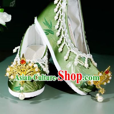 Head Turned Hanfu Shoes Brocade Green Ancient Cloth Shoes