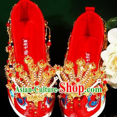 Embroidered Shoes Summer Ming System Red Xiuhe Wedding Shoes Handmade Beaded Phoenix