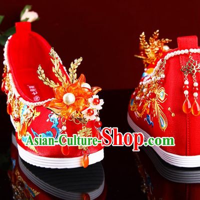 Embroidered Shoes Fengguan Xiapei Xiuhe Wedding Shoes Women Wedding Banquet Is Red Inner Height Increase Handmade