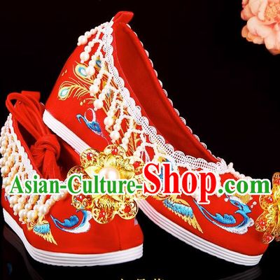 Chinese Wedding Shoes Hanfu Wedding Xiuhe Clothing With Shoes Pearl Tassel Embroidery