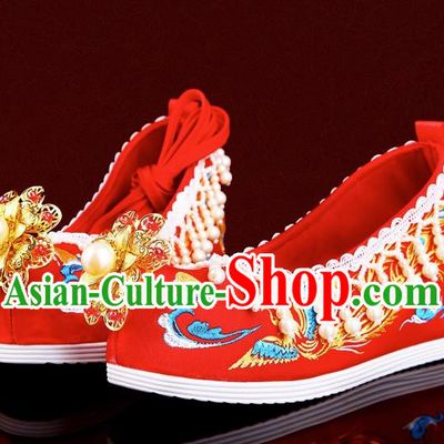Chinese Wedding Shoes Hanfu Wedding Xiuhe Clothing With Shoes Pearl Tassel Embroidery