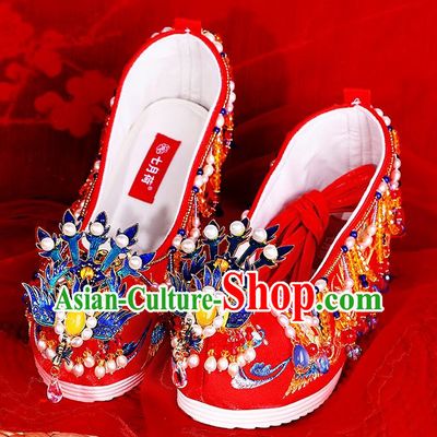 Agate Freshwater Pearl Chinese Style Xiuhe Wedding Shoes Women Embroidered Shoes Red