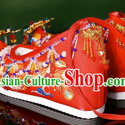 Handmade Beaded Tassel Wedding Shoes Xiuhe Clothing Matching Shoes Red Chinese Wedding Hanfu Shoes