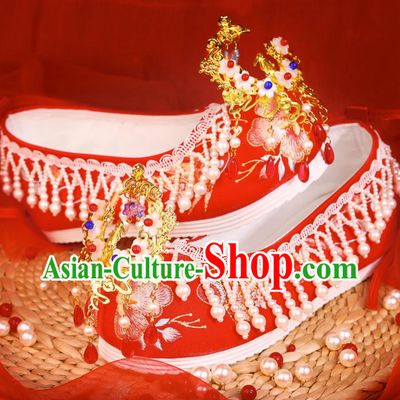 Xiuhe Wedding Shoes Women Embroidered Beaded Pearl Wedding Women Shoes Bridal Shoes
