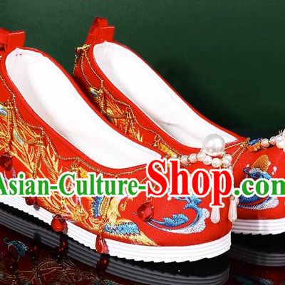 Hanfu Wedding Shoes Women Bow Shoes Xiuhe Shoes Are Red Beaded Tassel Chinese Wedding Shoes Embroidered Phoenix