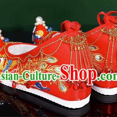 Hanfu Wedding Shoes Women Bow Shoes Xiuhe Shoes Are Red Beaded Tassel Chinese Wedding Shoes Embroidered Phoenix