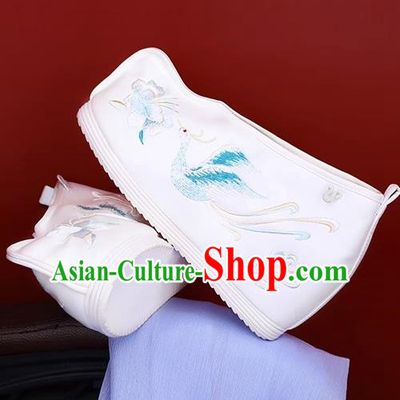 Women White Ancient Costume Hanfu Shoes Cloth Shoes Inner Heightening Embroidered Shoes