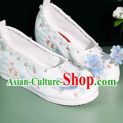 Embroidered Shoes Hanfu Matching Shoes Shallow Mouth Increase Handmade Beaded Pearl Cloth Shoes