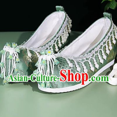 Hanfu Shoes Women Ancient Style Weaving Golden Lily Of The Valley Flower Pearl Tassel Green Inner Height Increasing Cloth Shoes