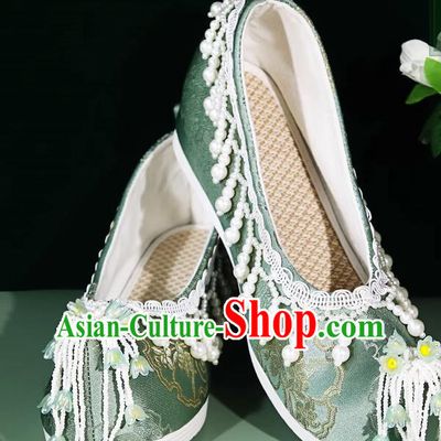 Hanfu Shoes Women Ancient Style Weaving Golden Lily Of The Valley Flower Pearl Tassel Green Inner Height Increasing Cloth Shoes