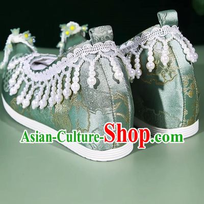 Hanfu Shoes Women Ancient Style Weaving Golden Lily Of The Valley Flower Pearl Tassel Green Inner Height Increasing Cloth Shoes