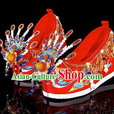 Xiuhe Wedding Shoes Zhenghong Phoenix Ornament Hand Beaded Chinese Embroidery