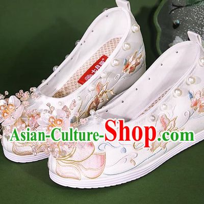 Embroidered Hanfu Shoes Handmade Beaded Pearl Flower Heightening Cloth Shoes