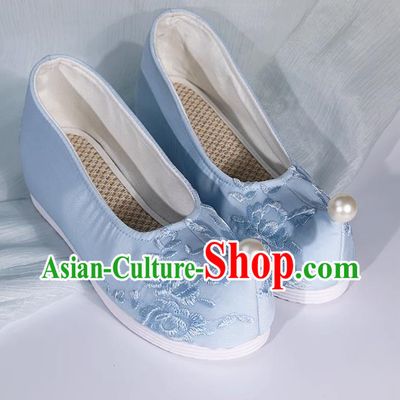 Embroidered Hanfu Shoes Light Blue Pearl Inner Height Increase