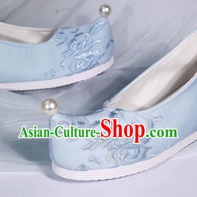 Embroidered Hanfu Shoes Light Blue Pearl Inner Height Increase