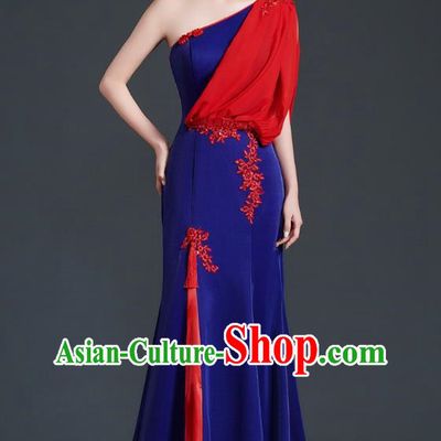 Chinese Design Evening Dress Trailing Fishtail Self Cultivation Stage Chorus Catwalk Performance Clothing One Shoulder