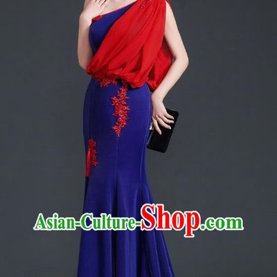 Chinese Design Evening Dress Trailing Fishtail Self Cultivation Stage Chorus Catwalk Performance Clothing One Shoulder