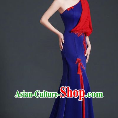 Chinese Design Evening Dress Trailing Fishtail Self Cultivation Stage Chorus Catwalk Performance Clothing One Shoulder