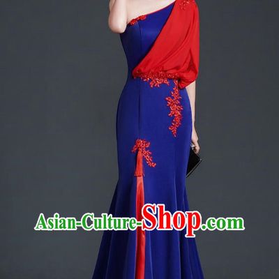Chinese Design Evening Dress Trailing Fishtail Self Cultivation Stage Chorus Catwalk Performance Clothing One Shoulder