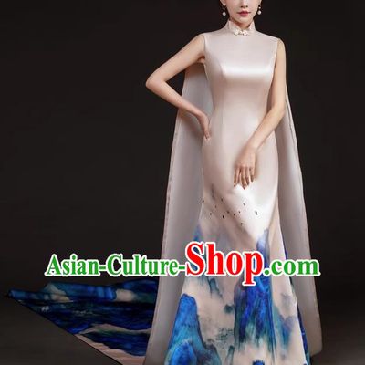 Chinese Design High End Long Tailed Performance Costume Art Test Host Fishtail Dress A Thousand Miles Of Rivers And Mountains Catwalk