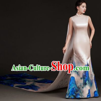 Chinese Design High End Long Tailed Performance Costume Art Test Host Fishtail Dress A Thousand Miles Of Rivers And Mountains Catwalk