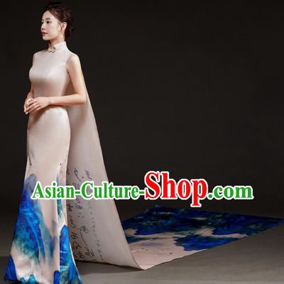 Chinese Design High End Long Tailed Performance Costume Art Test Host Fishtail Dress A Thousand Miles Of Rivers And Mountains Catwalk