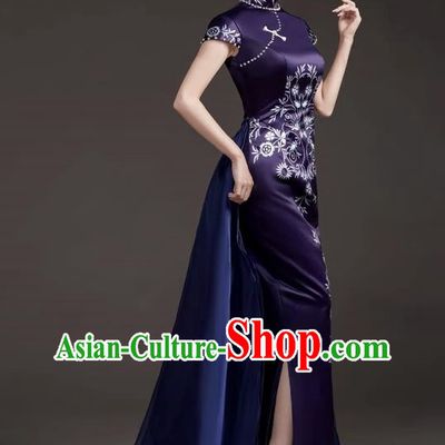 Chinese High End Improved Cheongsam Extended Model Team Catwalk Stage Folk Music Performance Clothing Printing