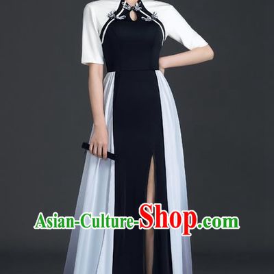 Chinese Design Black Fishtail Slit Dress Cheongsam Model Team Catwalk High End Temperament Costumes