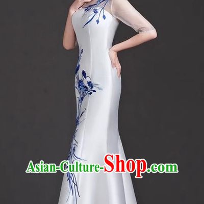 Chinese Design Cheongsam Evening Dress Elegant High End Catwalk Mermaid Retro Host Costume Blue And White Porcelain