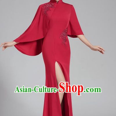 High End Fishtail Slit Banquet Evening Dress Wine Red Wedding Toast Clothing Model Dance Performance Clothing