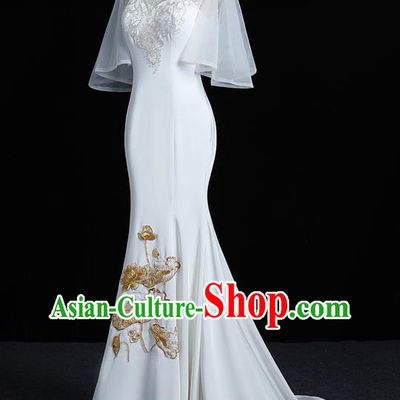 Chinese Design High End Evening Dress Trailing White Long Catwalk Costume Fishtail Slim Fit Mid Sleeve Annual Meeting Dress Skirt