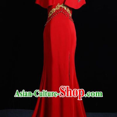 Chinese Design Red Senior Evening Dress Trailing Long Fishtail Slim Banquet Elegant Temperament Catwalk Dress Skirt