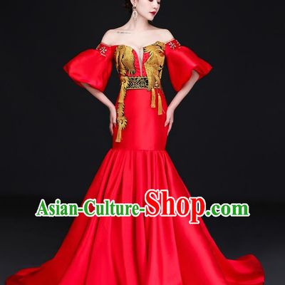 Chinese Design High End Trailing Banquet Evening Dress Long Fishtail Self Cultivation Model Catwalk Dress One Shoulder Costume