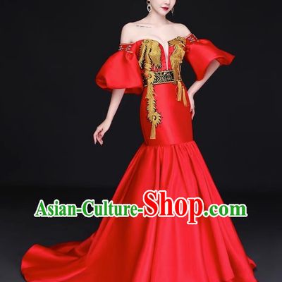 Chinese Design High End Trailing Banquet Evening Dress Long Fishtail Self Cultivation Model Catwalk Dress One Shoulder Costume