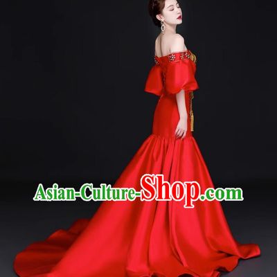 Chinese Design High End Trailing Banquet Evening Dress Long Fishtail Self Cultivation Model Catwalk Dress One Shoulder Costume