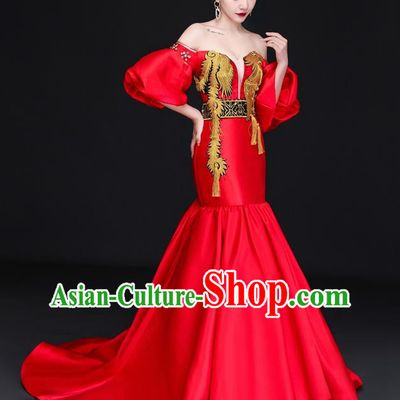 Chinese Design High End Trailing Banquet Evening Dress Long Fishtail Self Cultivation Model Catwalk Dress One Shoulder Costume