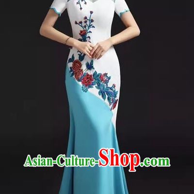 Chinese Design Improved Fishtail Slim Evening Dress Embroidered Chorus Cheongsam Stage Catwalk Costume
