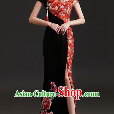 Chinese Design High End Cheongsam Evening Dress Fishtail Slit Performance Costume Host Banquet Black Temperament Dress