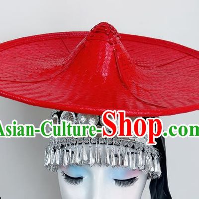 Ethnic Dance Headdress With Flower Waist Dai Bucket Hat Shanling Dance Hat Rain Bamboo Forest Shaodoli Bamboo Weaving Bucket Hat Red