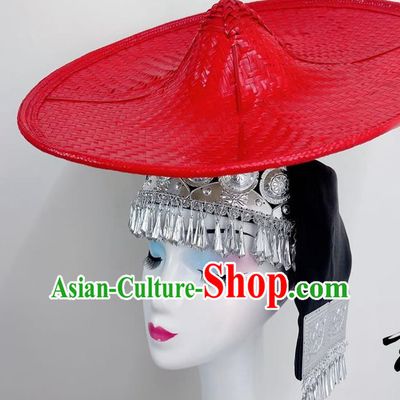 Ethnic Dance Headdress Huayao Dai Bucket Hat Shanling Dance Hat Rain Bamboo Forest Shaodoli Bamboo Weaving Bucket Hat Red