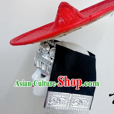 Ethnic Dance Headdress With Flower Waist Dai Bucket Hat Shanling Dance Hat Rain Bamboo Forest Shaodoli Bamboo Weaving Bucket Hat Red