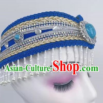 Ethnic Minority Dance Mongolian Headdress Blue Bead Curtain Art Test Dance Performance Stage Hair Accessories