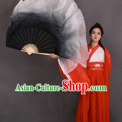 China Dance Competition Long Ribbon Fan Classical Dance Folding Fan Handmade Gradient Black to White Pure Silk Fan